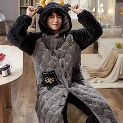 Men Terry Robe Hooded Pajama Sets Super Warm 3-layer Thick Long Bathrobe Luxury Winter Kimono Man Plaid Pajamas Embroidery Robe