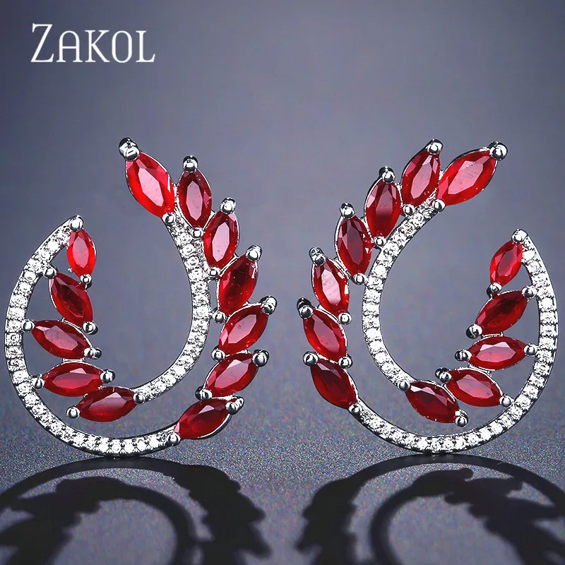Модные синие серьги-гвоздики с фианитами и кристаллами ZAKOL для женщин, модные свадебные украшения в виде листьев FSEP2149 - Окраска металла: Red