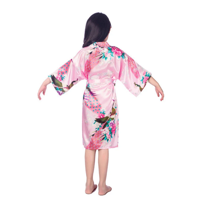 Child Satin Kimono Robes Girls Kids Floral Sleepwear Peacock Flower Robe Spa Wedding Birthday Nightgown child bathrobe