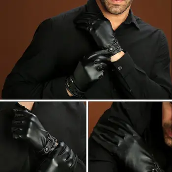 

Black Men Winter Driving Gloves Genuine Lambskin Leather Wool Lining Waterproof