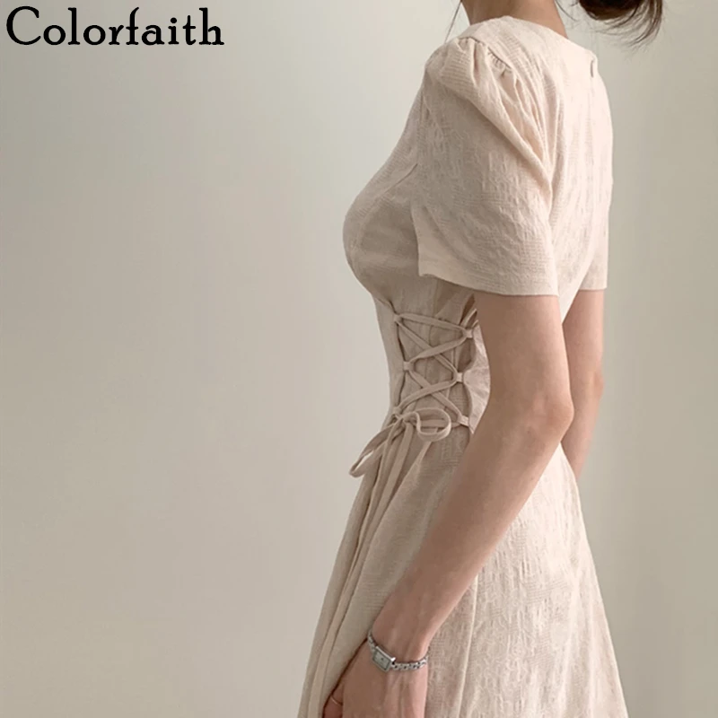 

Colorfaith New 2019 Spring Summer Women Mid-Calf Dresses Short Sleeve V-Neck Lace Up Prairie Chic Elegant Ladies Slim DR2651