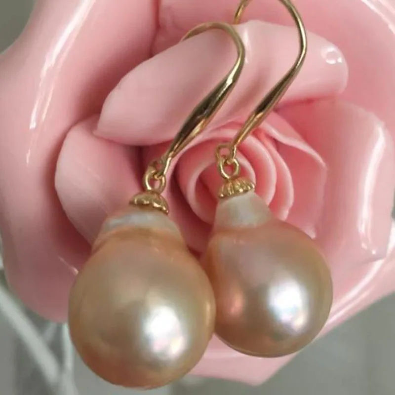 gorgeous huge 13-14mm south sea gold pink pearl dangle dearring 14/k