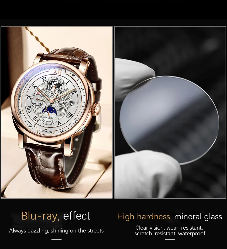 2021 New TEVISE Mens Mechanical Watches Top Brand Luxury Leather Moon Phase Automatic Watch Men Fashion Sport Waterproof Clock