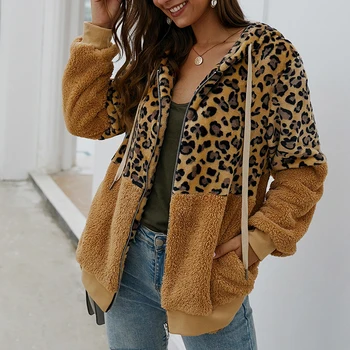 

Patchwork Leopard Hoodies Shirts Long Sleeve Hooded Women Sweatshirts Zip-up Pockets Fashion Autumn Winter Coat Streetwear M0607