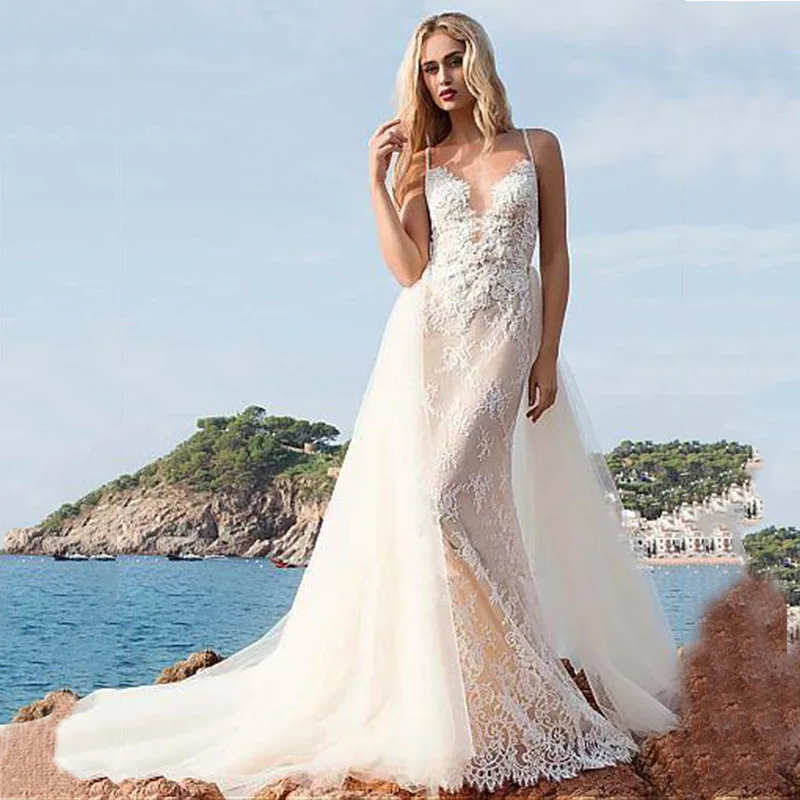 

2019 New Detachable Train Princess Wedding Dress Lace Appliques Tulle 2 in 1 Bride Gowns for Bride Wedding Wear Vestido De Noiva