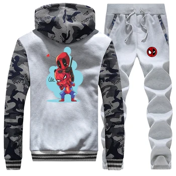 

Fashion Marvel Hoodies Spider-Man Deadpool Funny Print Camo Hoodies Pant 2pcs Sets Mens Hip Hop Superhero Streetwear Sweatshirt