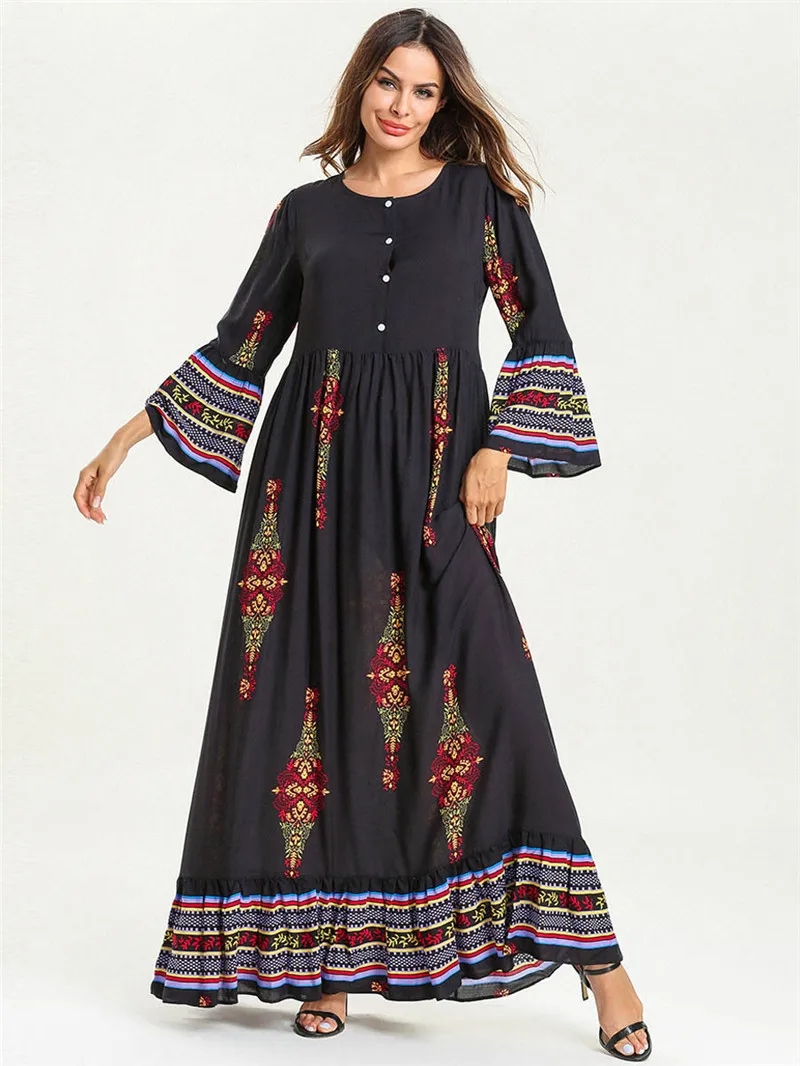

Black Plus size M-4XL Muslim Qatar Dubai Islamic Women dress Long sleeve print Robe Ladies Arabic Abayas Muslim Robes Button