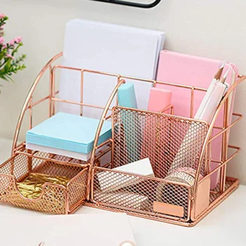 

Rose Gold Ladies Desktop Storage Box, Multi-Purpose Desktop Storage Box, with Pen Holder, Paper Storage Box and Desk Drawer Stor