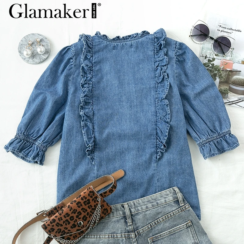 Glamaker джинсовая пышная синяя блузка с оборками и рукавом средней длины Элегантная офисная одежда теплая свободная уличная Осенняя женская блузка