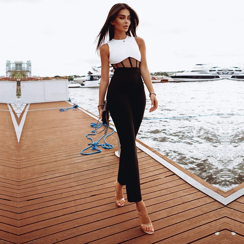 Black Bandage Jumpsuit Women's Sexy Black White Stitching Round Neck Mesh Stitching Sleeveless Club Party Tight Elegant Jumpsuit