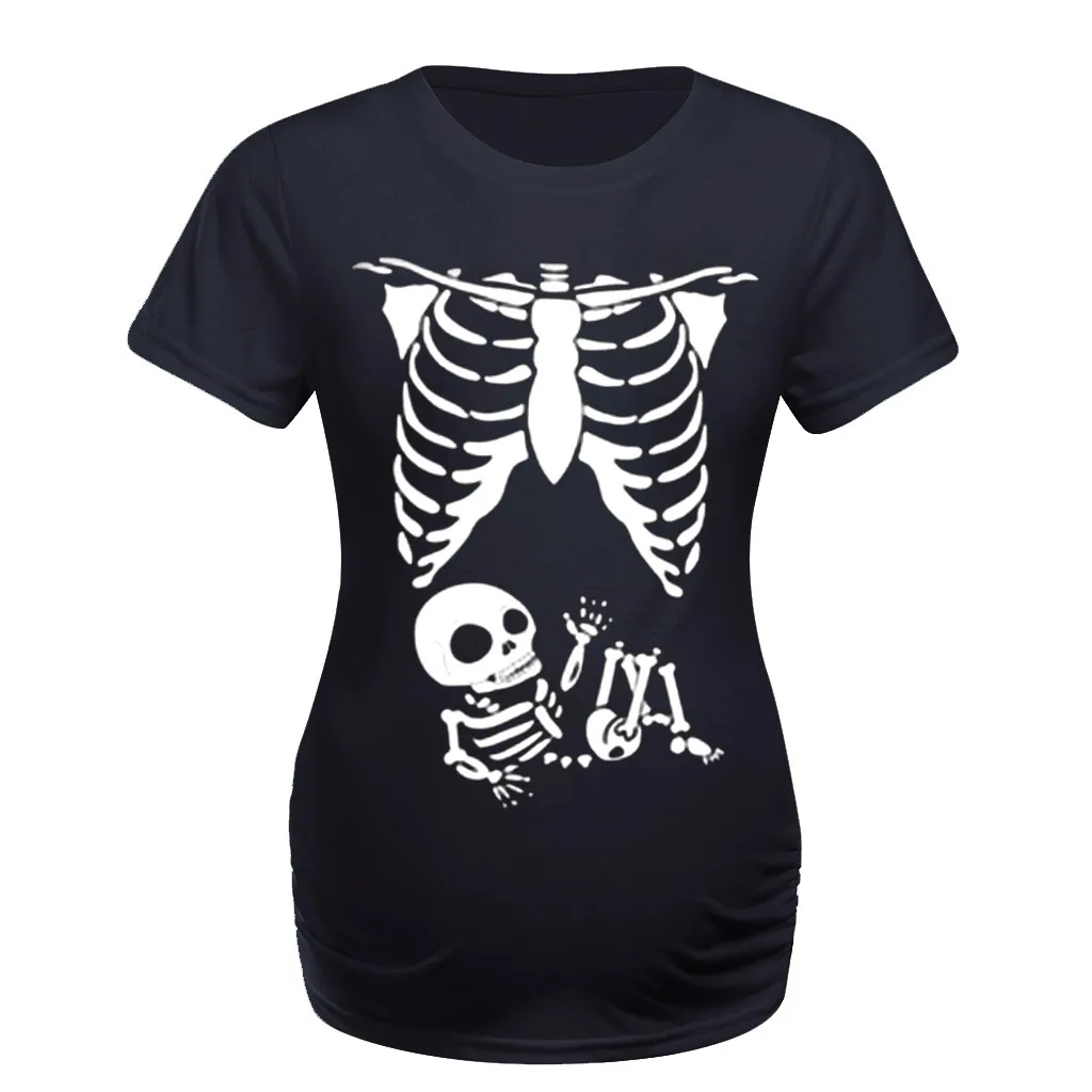 Black Halloween Women Maternity Clothes Pregnancy Short Sleeve Cartoon Baby Skull Pregnant T-shirt Top Embarazada Casual Cotton Blouse - Цвет: Black