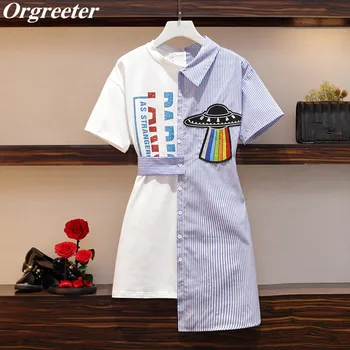 

Chic Striped Patchwork Loose Dress Summer 2020 New Appliques Letter Print Short Sleeve Casual Dress With Belt