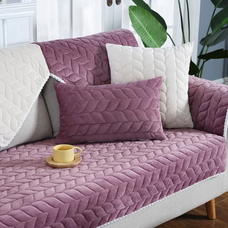Thick plush edging sofa cover solid color non-slip filling cushion backrest towel furniture protection cover for living room 4