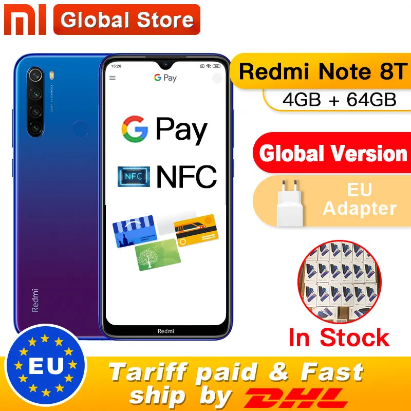  Xiaomi Redmi Note 8T с глобальной версией, 4 ГБ, 64 ГБ, NFC, смартфон, 48мп, четырехъядерный процессор Snapdrag 