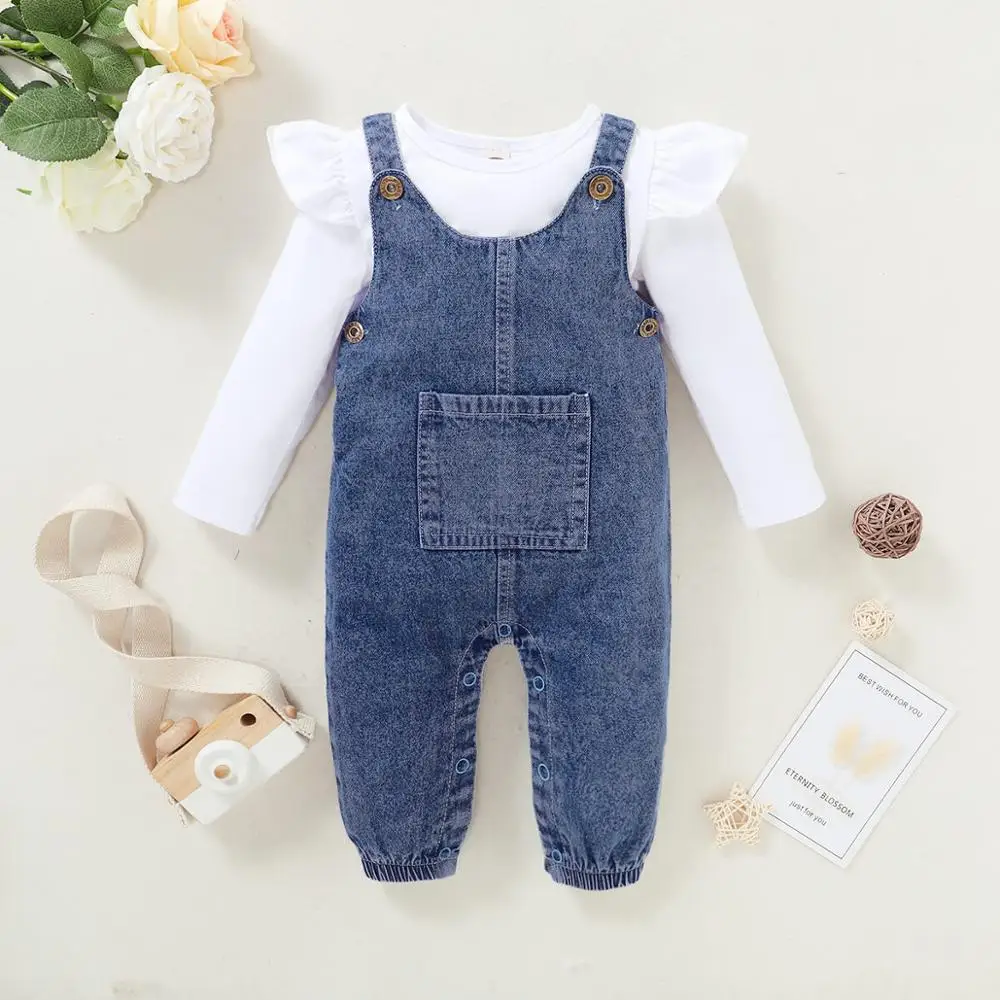 stivhed Mere Tag væk Baby Girl Spring Clothes Set Newborn Baby Girl Clothes Solid Long Sleeve  Shirt Top Denim Suspender Jeans Rompers - Baby's Sets - AliExpress