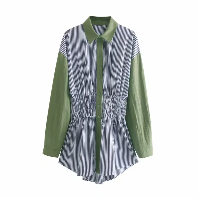 

WOMEN'S Dress 19 Autumn New Style Western Style Mixed Colors Stripes Printed Waist Elastic Mid-length Long-sleeve Blouse