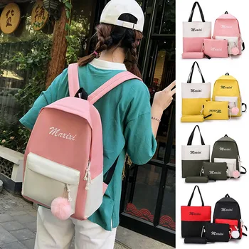 

MoneRffi Fashion 4 Pcs/set Women Casual School Backpacks Nylon Schoolbag Teenagers Girls Student Book Bag with Shoulder Bag Case