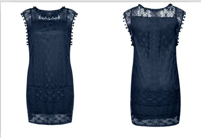 Summer Sexy Sleeveless White Lace Women Elegant Pom Pom Trim Floral Hollow Out Mini Short Dress Dark Blue