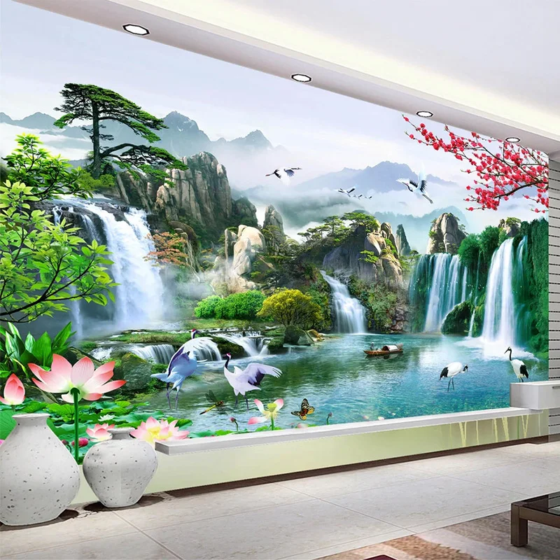 Custom Mural Wallpaper Chinese Style 3D Waterfalls Nature Landscape Wall Painting Living Room TV Sofa Study Classic Home Decor