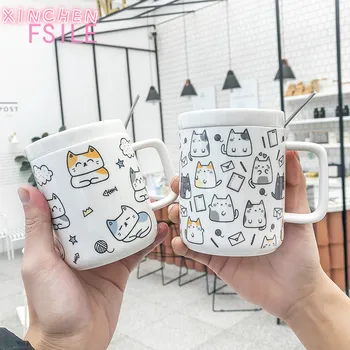 

400ML Personality Creative Cat Ceramic Cup Cartoon Cute with Lid and Spoon Simple Mug Art Small Fresh Coffee Mug Couple Gift Cup