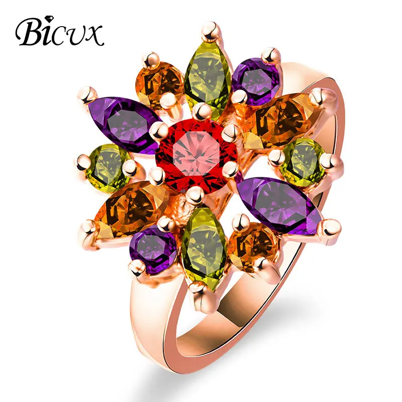 

BICUX Charm Ethnic Colorful Geometric Cubic Zirconia Rings for Women Girl Anniversary Fashion Crystal Flower Gold Ring Jewelry