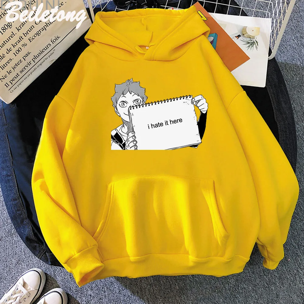 

Japanese Haikyuu Hoodies I Hate It Here Manga Print Funny Karasuno 90s Fly High Streetwear Women Winter Clothes Loose Sweatshirt