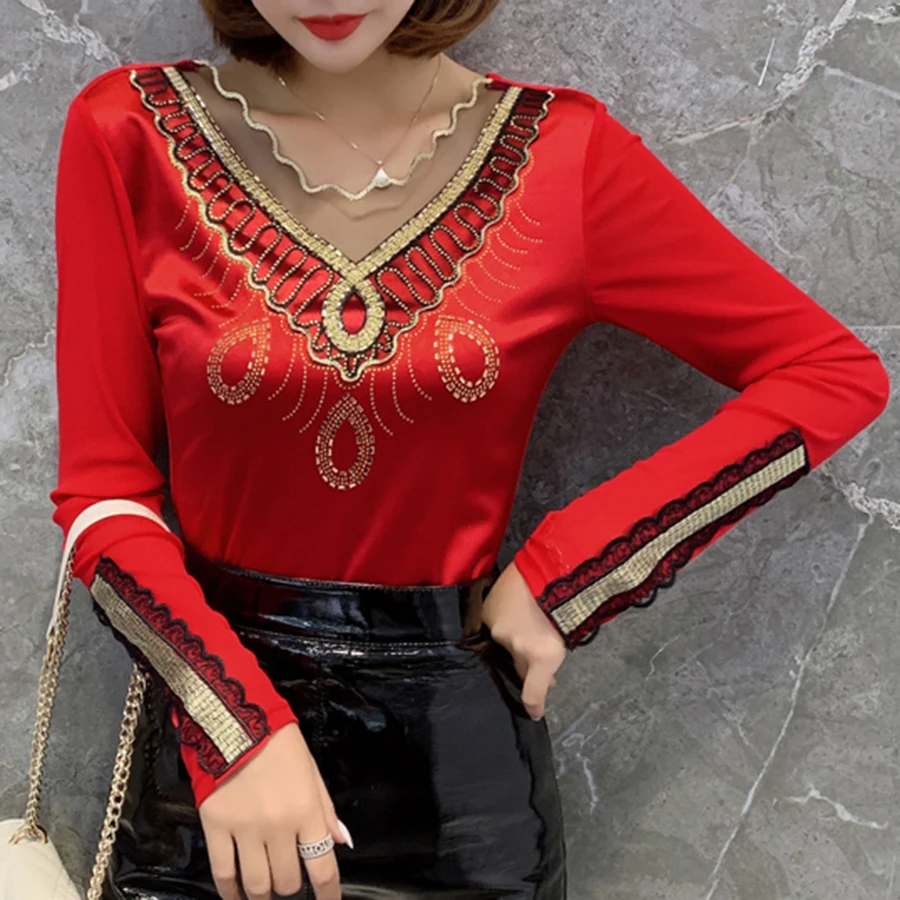 Poleras mujer de moda модная леопардовая футболка с длинным рукавом, женская рубашка с v-образным вырезом размера плюс, горячая Распродажа, футболка с бриллиантами, camiseta mujer