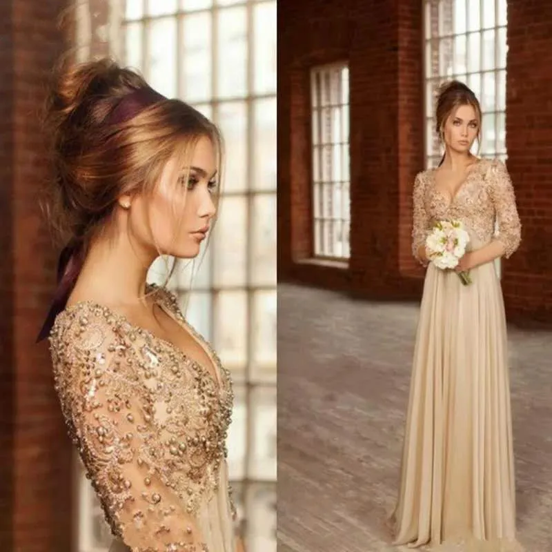 

Vintage Long Sleeves Lace Chiffon Evening Dress With Beads Pearls V Neck A Line Party Prom Party Gowns Mother Of The Bride Gowns
