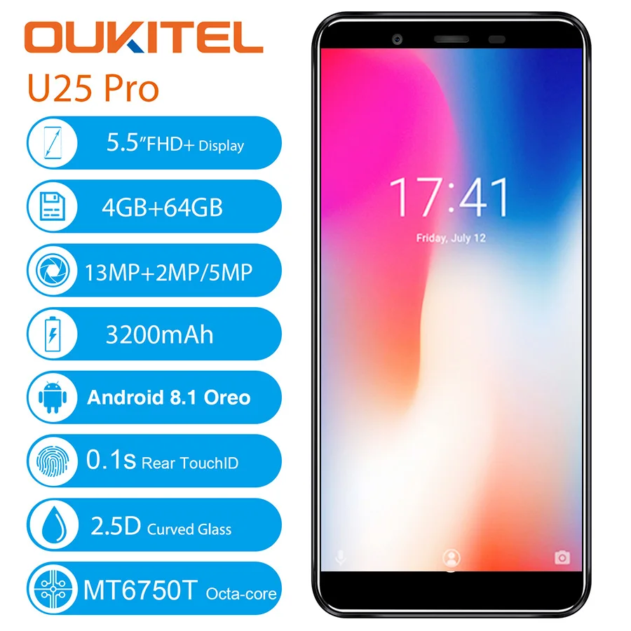 Мобильный телефон OUKITEL U25 PRO 2.5D экран 5 дюйма на базе Android 8.1 восьмиядерный