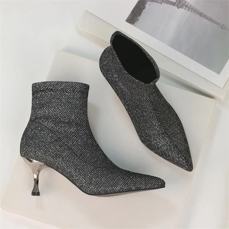 

Silver Short Boots Woman Boots Sharp 6cm Small Square With Short Boots Paillette High With Autumn Single
