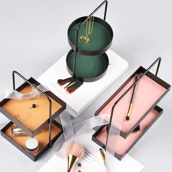 

Leather Storage Tray Snack Tray Rack With Handle Porch Ornament Cosmetics Storage Box Double Layered