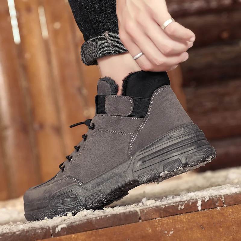 Autumn Winter Leather Ankle Boots High Top Men Snow Boots Shoes with Fur Plush Warm Male Casual Shoes Men's Sneakers