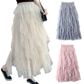 

Women irregular Tulle Skirts Fashion Elastic High Waist Mesh Skirt Pleated Long Skirts Midi Skirt