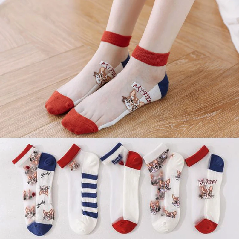 

Ankle Socks Transparent Sexy Silk Women Socks Korean-style Glass Yarn Transparent Embroidered Cat Silk Socks Anklet Summer