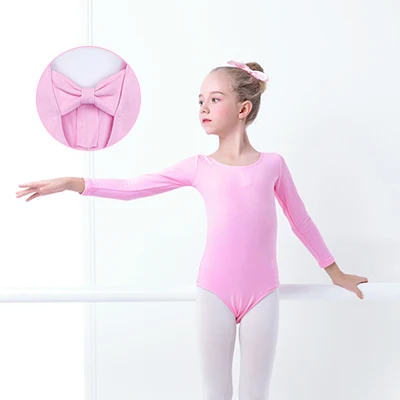 Pink Long Sleeve Лайкра хлопок дети девочка балет танец трико Боди Девушки Одежда с бантом Сзади Розовый Лавандовый Лонгслив под змеиную кожу - Цвет: Pink Long Sleeve