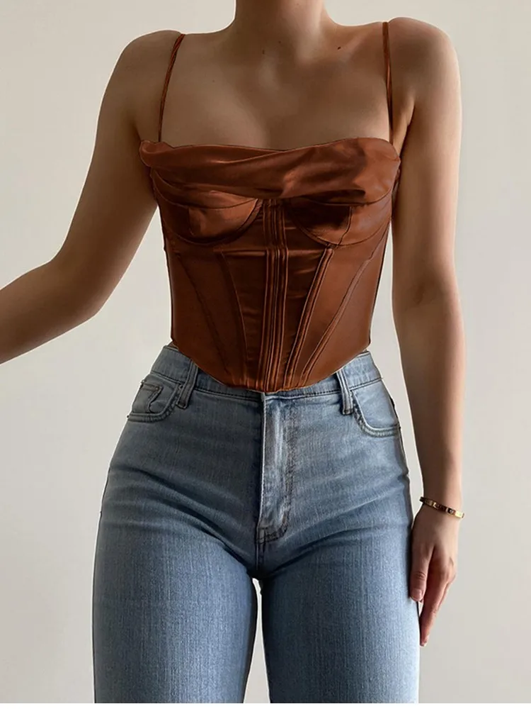 spanx camisole NewAsia Satin Corset Top Spaghetti Strap Lining Cowl Neck Boning Padded 2Layer Backless Zipper Bustier Sexy Crop Tops Women 2021 corset t shirt