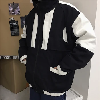 

Winter Streetwear Harajuku Loose Jackets Women Splice Warm Overcoat Loose Hooded Coat Retro Pocket Hooded Jacket