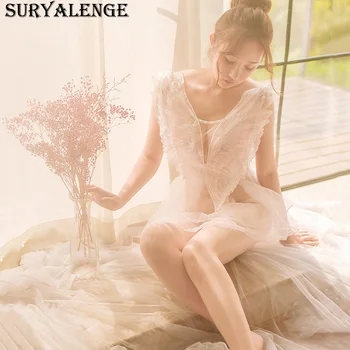 

SURYALENGE sexy lingerie sexy small chest mesh gauze transparent tulle lace cute wings pajamas nightdress uniform set