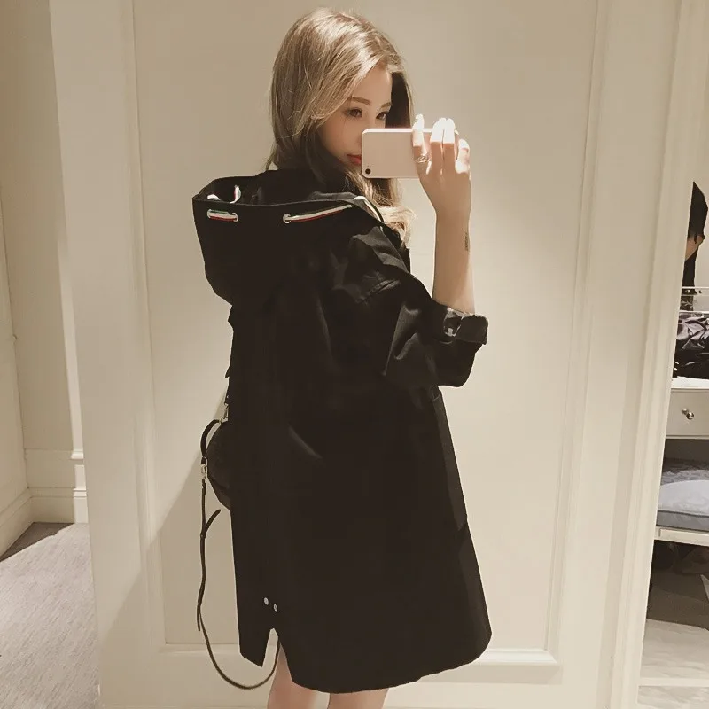 2019 модный Женский Тренч с длинным рукавом с капюшоном осеннее черное бархатное длинное пальто на молнии женская верхняя одежда