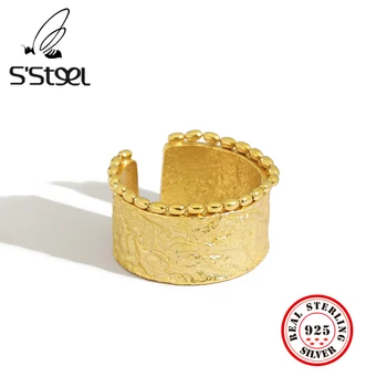 

S'STEEL Korean Rings 925 Sterling Sivler For Women Luxury Geometric Gold Opening Ring Anillos Grandes De Mujer Fine Jewellery