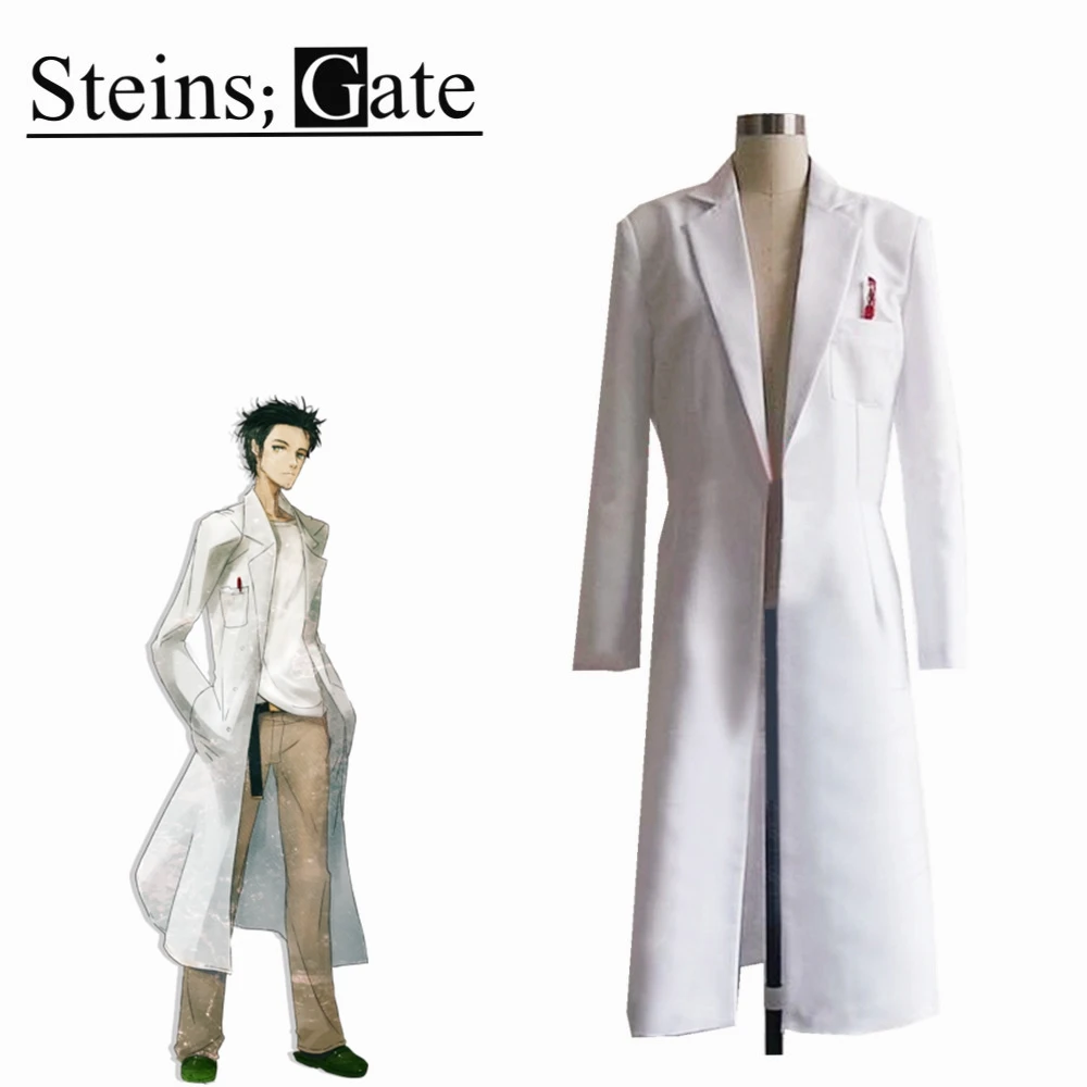 Аниме Steins Gate Okabe Rintarou, костюм для косплея, пальто, длинная куртка, белая куртка, костюм