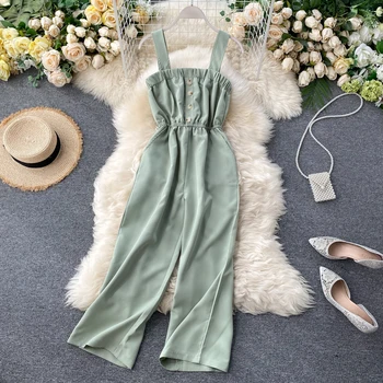 

Boho slim button Sexy Summer Full Length Jumpsuit Casual Spaghetti Strap Elegant Women high waist Playsuit Beach Holiday Romper
