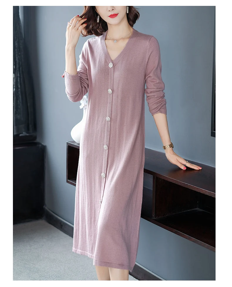 Повседневное Длинное Платье женское однотонное трикотажное тонкое платье-свитер с v-образным вырезом осеннее новое модное платье-пуловер женское