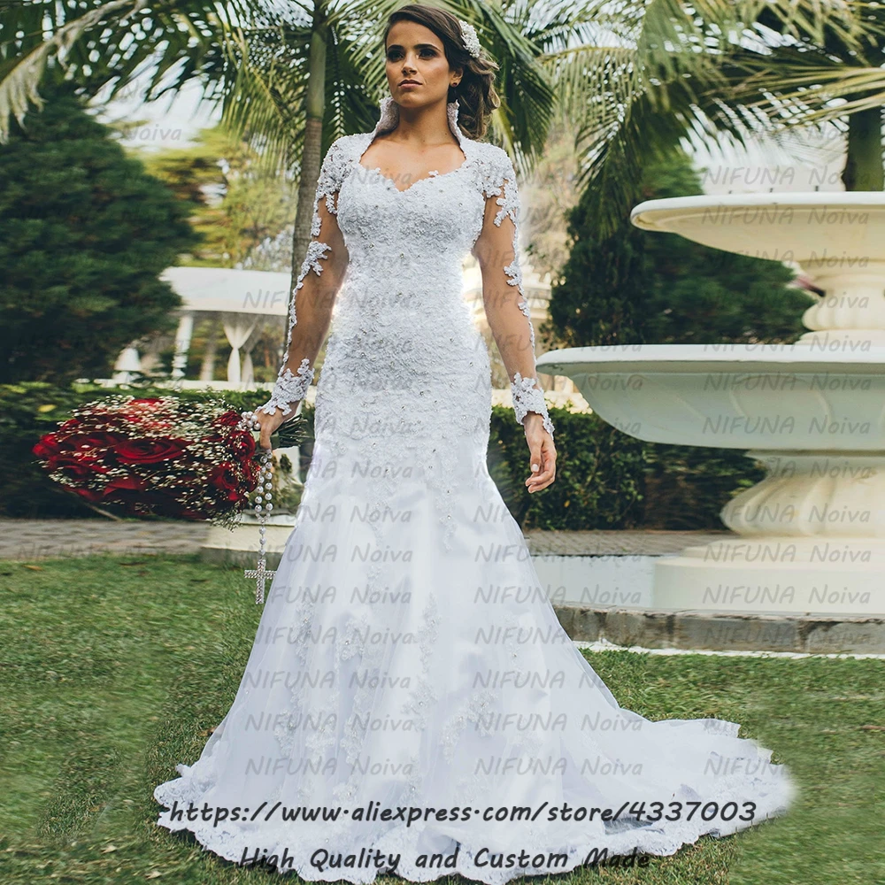 Vestido De Noiva Роскошные кружевные свадебные платья русалки с жемчугом свадебное сексуальное платье богемный с длинными рукавами свадебное платье trouwjurk