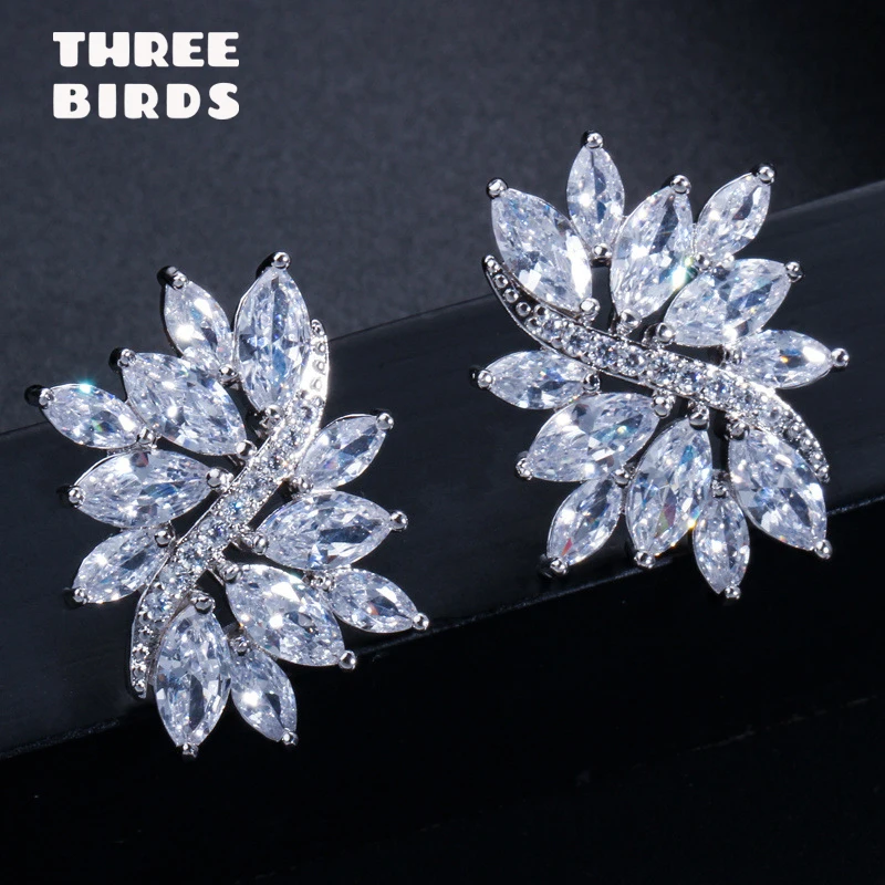 Крошечные трендовые серебряные серьги-гвоздики с кубическим цирконием и листьями оливы высокого качества с большим кристаллом в виде цветка для женщин, свадебные ювелирные изделия