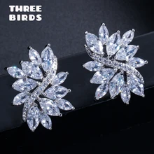 Крошечные трендовые серебряные серьги-гвоздики с кубическим цирконием и листьями оливы высокого качества с большим кристаллом в виде цветка для женщин, свадебные ювелирные изделия