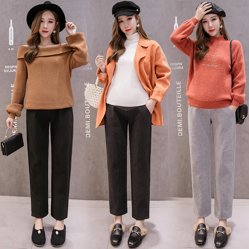 771# Woolen Maternity Straight Pants Elastic Waist Belly Casual Pants Clothes for Pregnant Women Autumn Winter Pregnancy Trouser