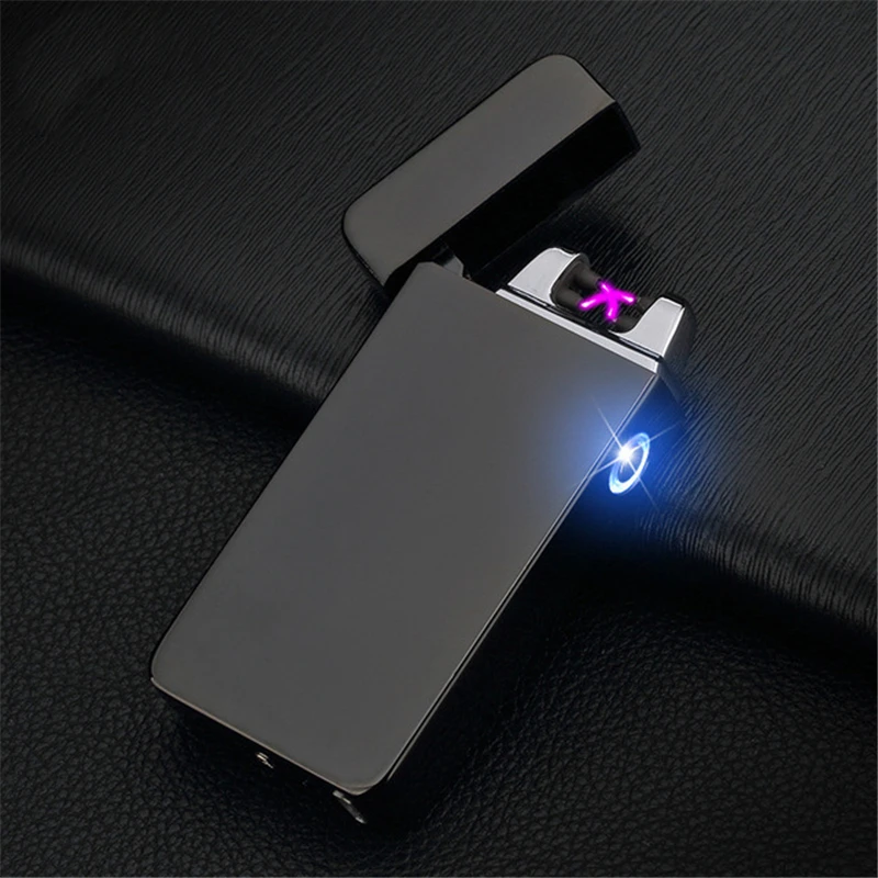 Black Dual Arc USB Lighters Metal Rechargeable Flameless Electric Lighter for Men Windproof Cigar Cigarette Plasma Lighter Electronic - Color: Black