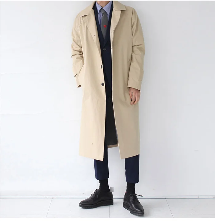 Mens Trench Coat Fashion Long Windbreaker Autumn Winter Single Breasted Windproof Overcoat Plus Size Japanese Style