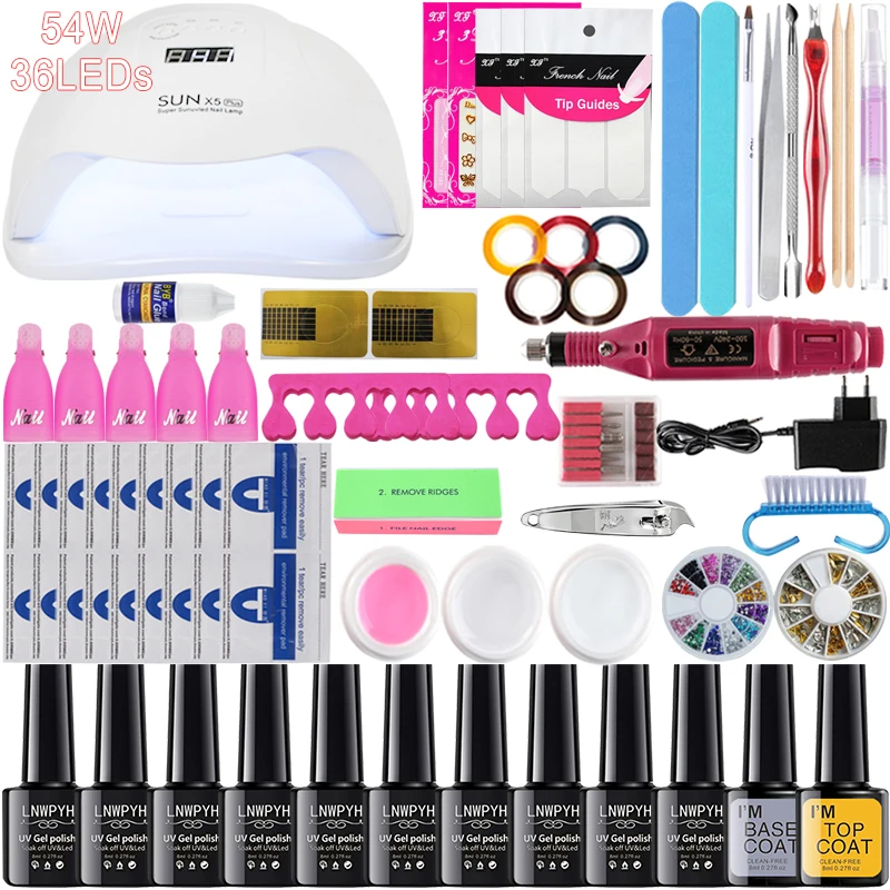 

Manicure Set 10 Colors Gel Acrylic Polish Dryer 36/48/54W Uv Led Nail Lamp Electric Manicure Handle Nail Set for Nail Extensions